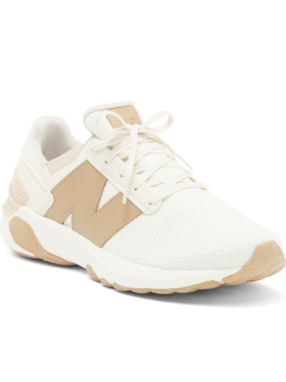 New Balance Ivory Knit Sneaker with Tan Accents